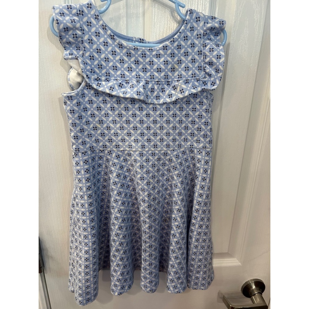 Janie and Jack Dress Blue Geometric Floral Ruffle Flutter Sleeve Kids‎ Size 5